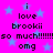 Bright pink background with light blue stars; repeated text in black pixelated font reads 'i love brookii so much!!!!!! omg' across the image.