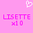 Pixelated pink background with white heart symbol above two identical text blocks reading 'LISETTE x10' in magenta.
