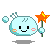 Pixelated light blue character with pink cheeks holds orange star-tipped wand; expressions shift between smiling, neutral, and open-mouthed