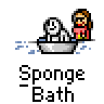 Animated contact sheet of 10 pixel-art frames showing a cartoon woman bathing a white dog in a silver tub with blue water splashes, one frame featuring "YESS!!" text bubble.