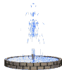 Animated fountain with water jets rising from circular brick base, showing of water motion against gray background