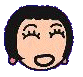 Pixelated cartoon face with closed eyes and pink earrings, showing two expressions: open mouth on left, smiling mouth on right.