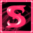 A pink stylized letter S with a glossy finish, set against a dark maroon background within a bright pink border.