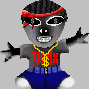 Animated character with gray skin, black hair, and multiple color variations of clothing and accessories