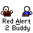 Pixelated buddy icons with red checkered shirts and blue pants, some showing motion blur or explosion effects, all labeled 'Red Alert 2 Buddy' text below.