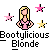 Pixelated image of a blonde woman in pink top with hands on hips, surrounded by three stars and text reading Bootylicious Blonde.