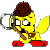 Two yellow cartoon figures with brown hair and red shoes hold white circular objects, facing each other in a mirrored pose.