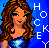 Pixelated image of a woman with long brown hair wearing a blue dress, standing against a solid blue background with white text reading "HOCKEY".