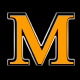A large orange capital letter M with a silver outline on a black background.