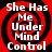 Red and black spiral background with white text reading "She Has Me Under Mind Control" arranged in a of four identical
