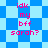 Pixelated text 'idk my bff sarah?' in pink on blue and light-blue checkered background with diamond pattern.