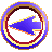 Pixelated circular icon with blue arrow inside red and gold ring, shown in multiple orientations including front view, side view, and angled views.