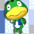 Pixelated green frog-like character with yellow beak, white eyes, blue vest, and green limbs holding a white object against light blue and white background.