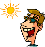 Pixelated cartoon head with brown hair, blue sunglasses, and a wide open mouth showing teeth against gray background with four orange suns.
