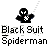Pixelated black figure with white eyes and chest symbol holding white sword, below text "Black Suit Spiderman" on gray background.