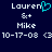 Pixelated text displays 'Lauren' with a cyan heart symbol replacing the letter 'o', followed by '&+', 'Mike', and date '10-17-08' on dark blue background.
