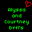 A static pixel art image with green text reading 'Alyssa and Courtney bffl's' on a black background, featuring a red heart symbol above the left side of the text.