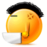 Animated orange circular icon with black spiky hair, a single horizontal eye line, a star-shaped eye, and a white paper-like object held in the mouth.