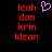 Red pixelated text 'leah', 'dan', 'krin', 'kleon' arranged vertically on black background with a pink heart symbol above the first name.