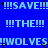 Blue background with light blue pixelated text repeating '!!!SAVE!!!', '!!!THE!!!', and '!!WOLVES!!' in a pattern, interspersed with black plus signs