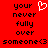 Red background with black pixelated text reading 'your never fully over someone<3' and a white heart symbol, displayed in two identical vertical