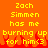 Yellow pixelated text on orange background reads 'Zach Simmen has me burning up for him<3' with red flame graphics at bottom.