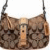 Brown patterned handbag with light brown strap and buckle, two dark straps on top, pixelated image.