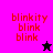 Pixelated text 'blinkity blink blink' in red on a split background of pink, purple, and black with two star icons.
