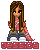 Pixel art buddy icon of a female character with long brown hair wearing an orange jacket and blue jeans, displayed in two animation frames with different text backgrounds.