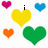 Pixelated heart-shaped icons in multiple colors with text variations on yellow hearts, arranged over a white background with partial gray overlay.