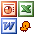 Pixelated icons display orange circular objects with brown borders and green X shapes in green frames, with blue W shapes in blue frames and orange bird-like figures in brown outlines.