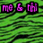Pixelated pink text on black blocks against a green striped background, with animation showing 'me & mi' transforming into 'am boastful'.