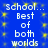 Blue background with yellow star-like patterns and repeated white text reading 'school... Best of both worlds' in a