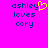Pixelated text on bright pink background: 'ashley' with yellow heart symbol, 'loves', and 'cory' in dark blue.