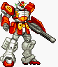Pixelated red and white mecha robot with orange accents, holding a large gray cannon in right hand, standing against plain background.