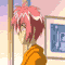 Pixelated anime-style animation showing two characters in a room with pink walls and framed artwork, one with pink hair and the other with blonde hair.
