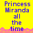 Yellow background with blue text reading 'Princess Miranda all the time' and pink pixelated wave border; three identical arranged horizontally, one partially obscured by gray area