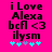 A bright pink background displays black text reading 'iLove Alexa bcfl <3 ilysm' with cyan and gray star-like symbols below, showing two animation frames where star colors shift.