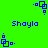 Blue pixelated text 'Shayla' appears on a bright green background with blue square-and-dot animation elements.