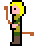 Pixelated character with blonde hair, pink face, green and brown clothing, holding a brown bow, in two distinct poses against white background.