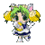 Animated pixel art character with green hair, pink cat ears, yellow pom-poms, and a blue-and-white outfit performing sequential poses.