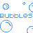 Blue pixelated bubbles and text on white background with gray corner, animated as bubbles float upward.