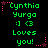 Green pixelated text on black background with pink star and dotted line accents, repeating 'Cynthia Yurgo :1 <3 Loves you!' in a