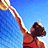 Pixelated figure in red top raises arm holding golden ball against blue gradient background.