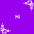 Purple background with white pixelated text "Hi" and four white square-based icons in alternating orientations.