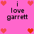 Pixelated pink background with red hearts and black text reading 'i love garrett' in four quadrants, featuring animated heart changes.