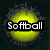 A yellow softball with red stitching is centered on a dark background, surrounded by gray static-like particles. The text "Softball" appears in the top-left frame.