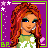 A 4x4 contact sheet of pixel art frames showing a cartoon character with red hair and blue eyes in various poses, including full-body views, close-ups, and text panels describing physical traits.