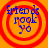 Four identical circular icons with red concentric rings on an orange background, each displaying blue text reading 'friends rook yo' in a pixelated font.
