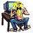 Pixelated character with yellow hair sits at desk, hands near head, blue jeans visible; computer monitor displays light blue screen.